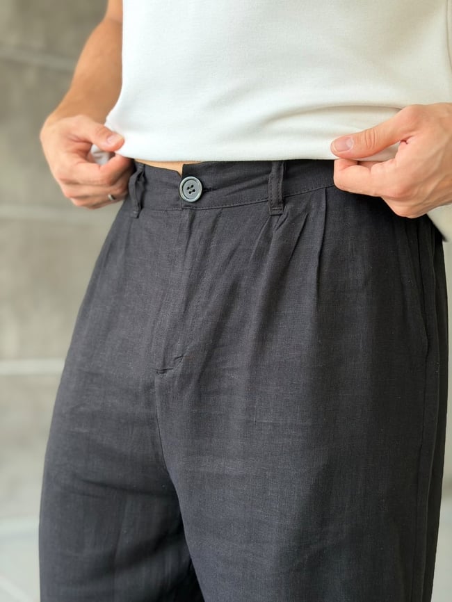 Keten Kumaş Pileli Baggy Pantolon T Siyah