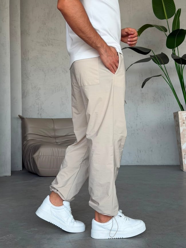 Klips Detaylı Paraşüt Pantolon KREM-W