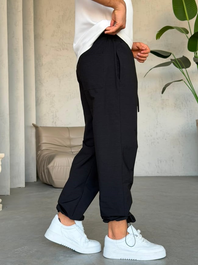 Klips Detaylı Paraşüt Pantolon SİYAH-W