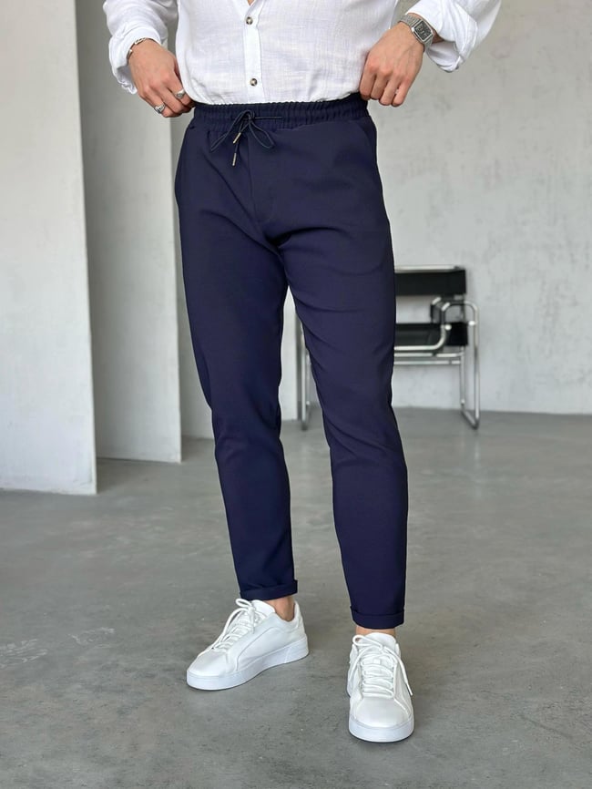 KM06341 Dubble paça  kumaş jogger pantolon LACİVERT M