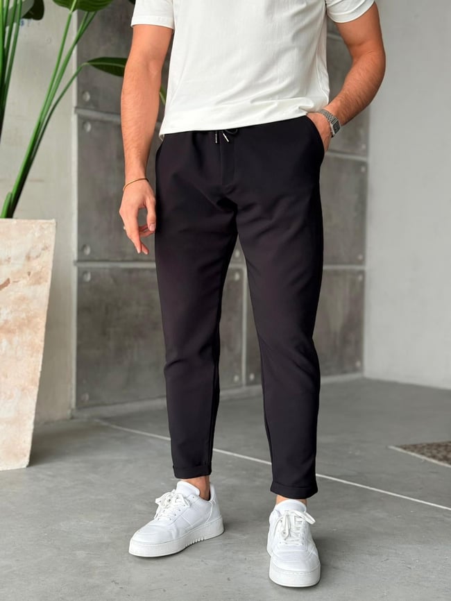 KM06342 Dubble paça  kumaş jogger pantolon SİYAH M