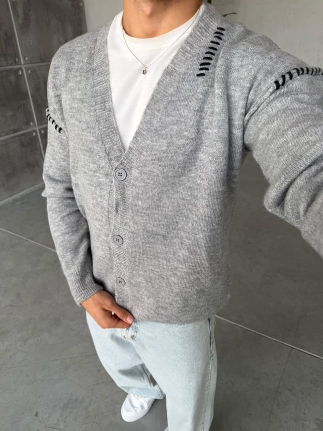 Kontrast Dikiş Detaylı Oversize V Yaka Triko Hırka T Gri