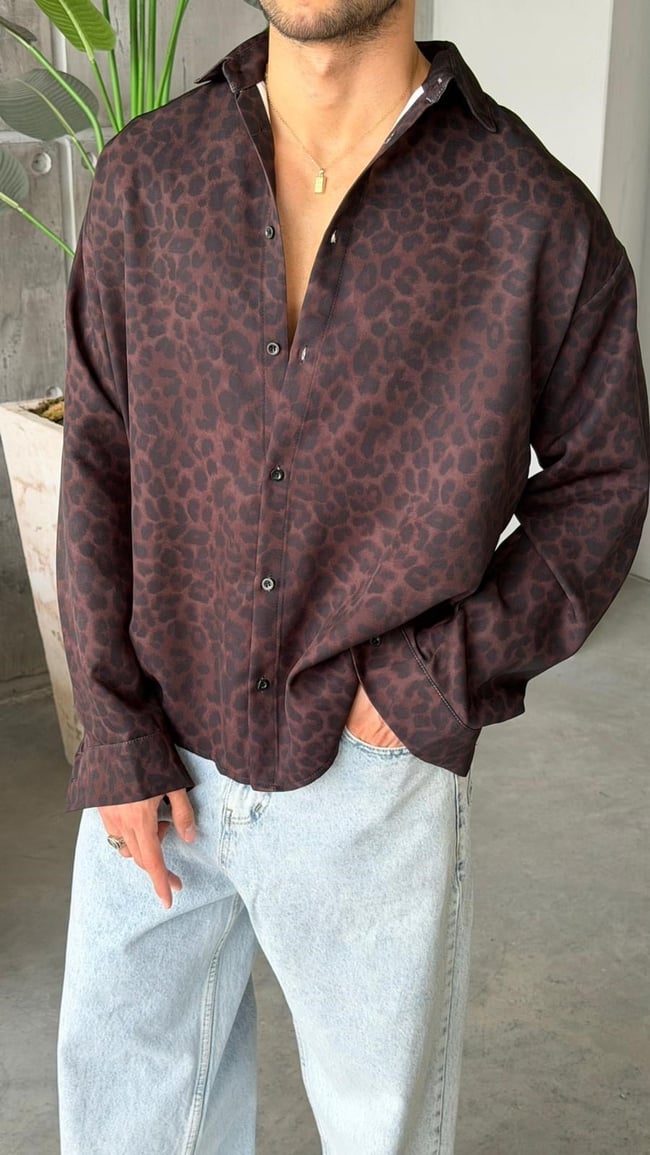 KOYU LEOPAR Desenli Dubble Hürrem Kumaş Oversize Gömlek T