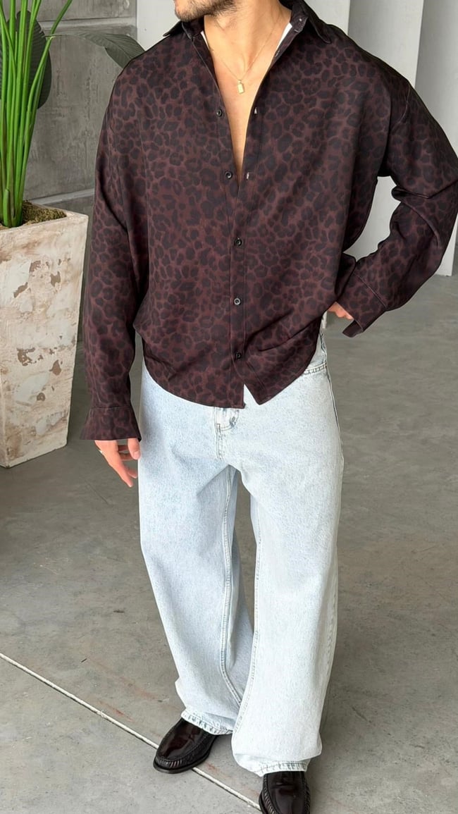 KOYU LEOPAR Desenli Dubble Hürrem Kumaş Oversize Gömlek T