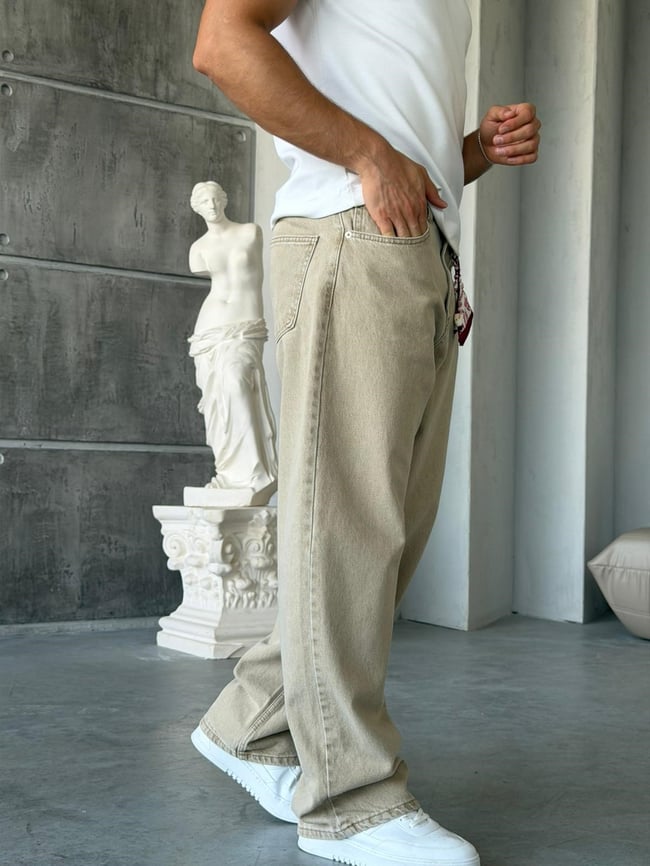 Krem Yıkamalı Aksesuar Detaylı Baggy Kot Pantolon-W