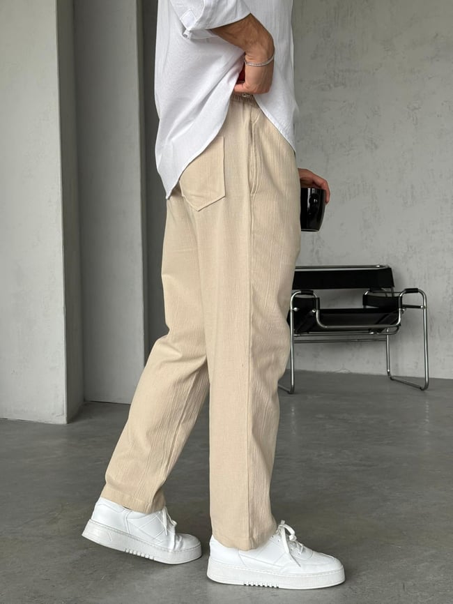 Krinkıl Kumaş Baggy Pantolon - Krem