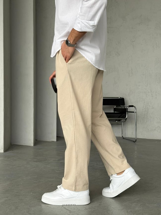 Krinkıl Kumaş Baggy Pantolon - Krem