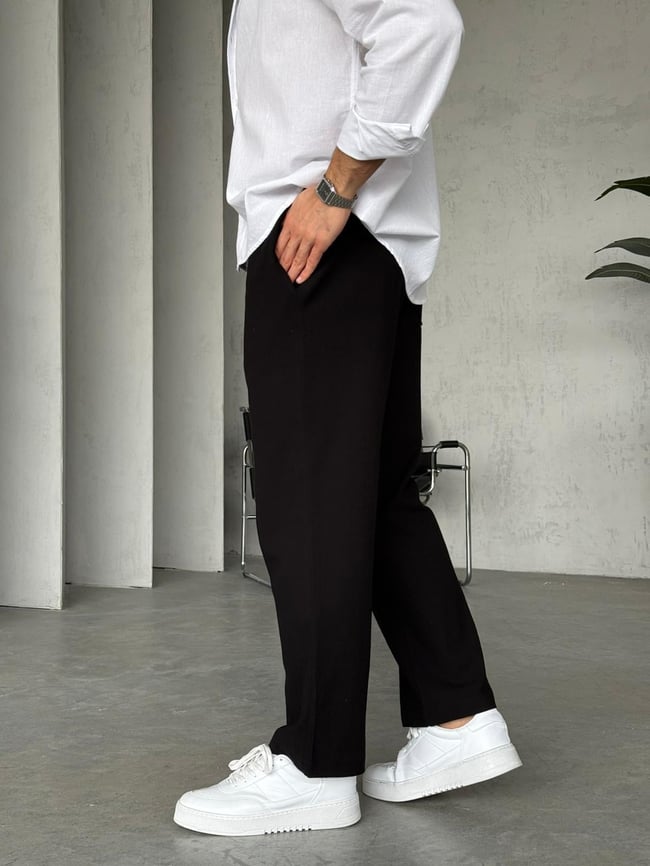 Krinkıl Kumaş Baggy Pantolon - Siyah