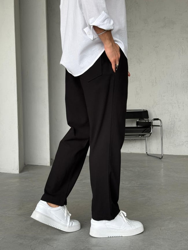 Krinkıl Kumaş Baggy Pantolon - Siyah