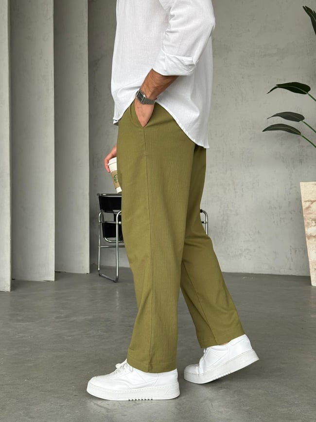 Krinkıl Kumaş Baggy Pantolon - Yeşil