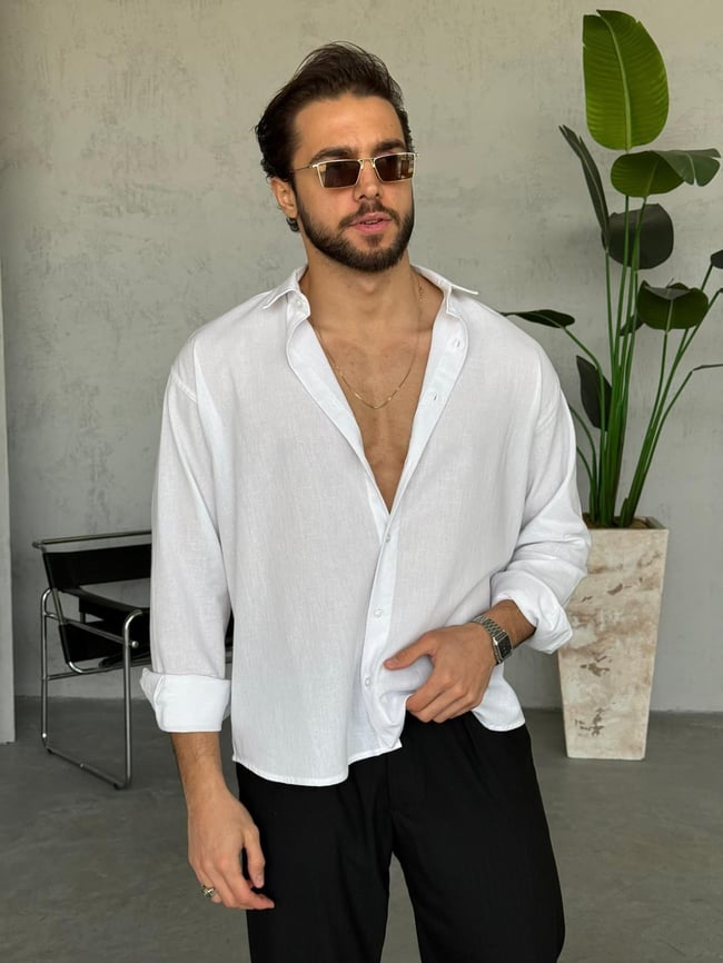 Krinkıl Kumaş Oversize Gömlek - Beyaz