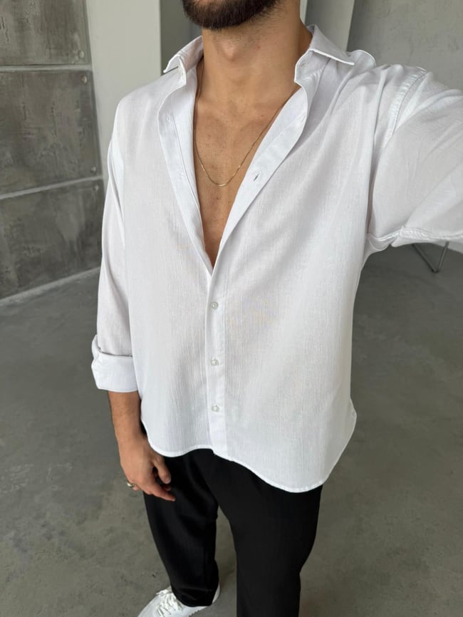 Krinkıl Kumaş Oversize Gömlek - Beyaz