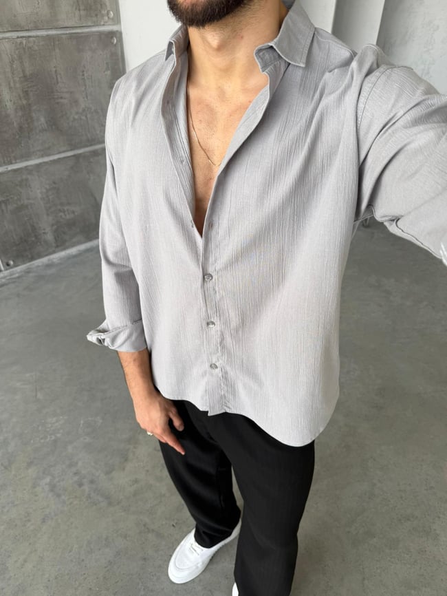 Krinkıl Kumaş Oversize Gömlek - Gri