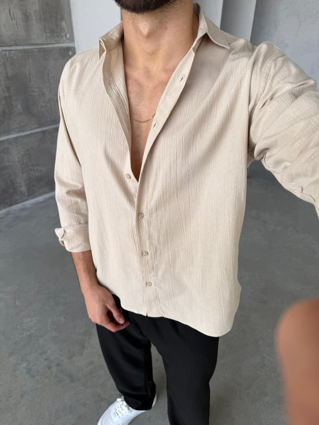 Krinkıl Kumaş Oversize Gömlek - Krem