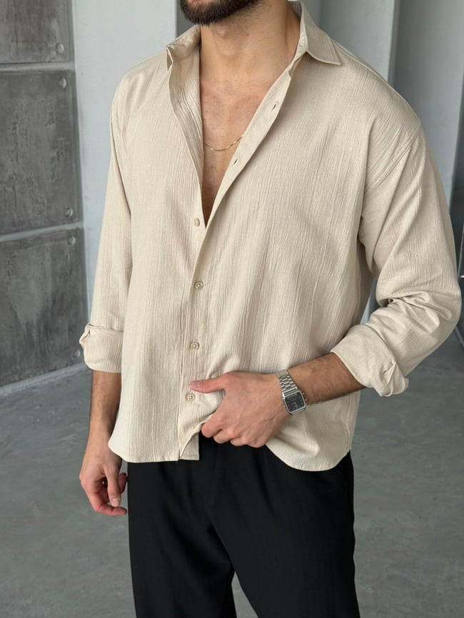 Krinkıl Kumaş Oversize Gömlek - Krem