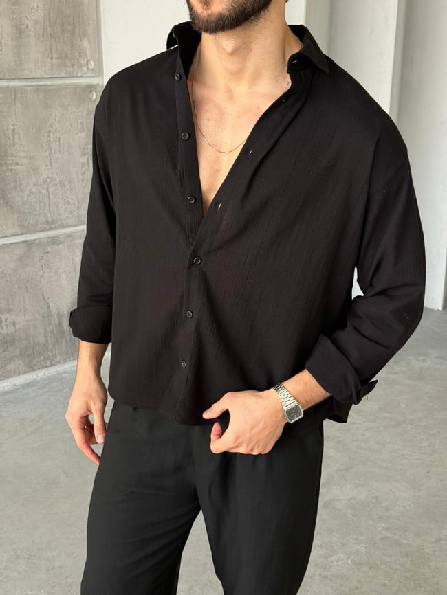 Krinkıl Kumaş Oversize Gömlek - Siyah