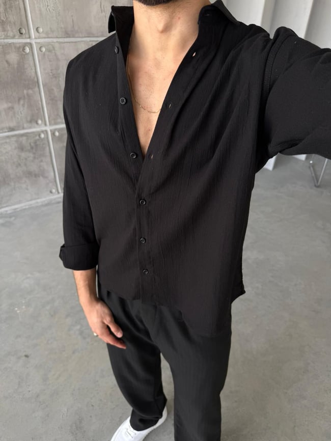 Krinkıl Kumaş Oversize Gömlek - Siyah