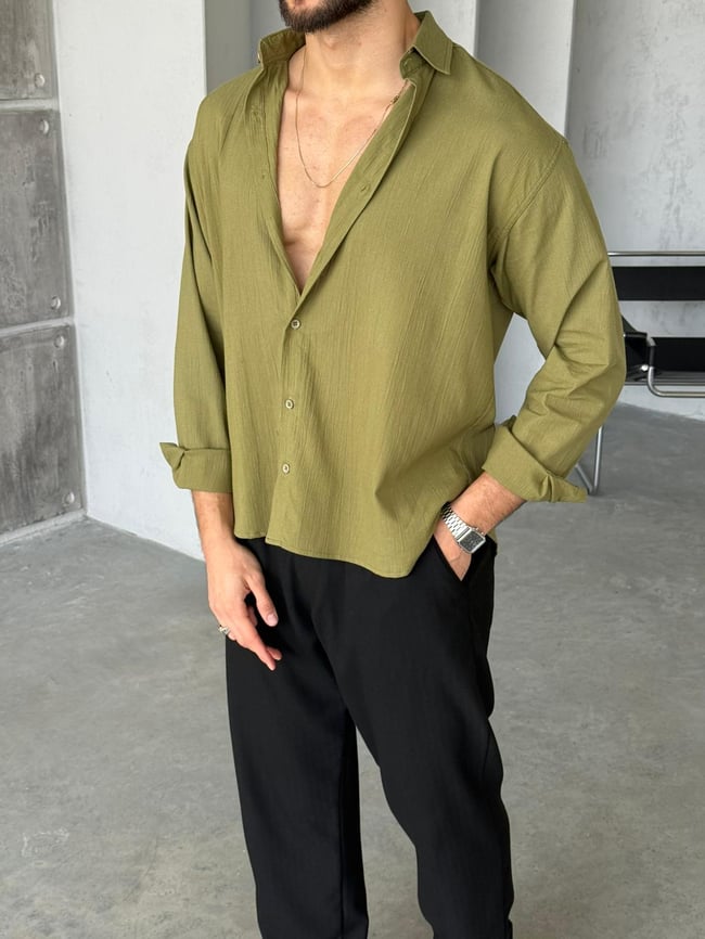 Krinkıl Kumaş Oversize Gömlek - Yeşil