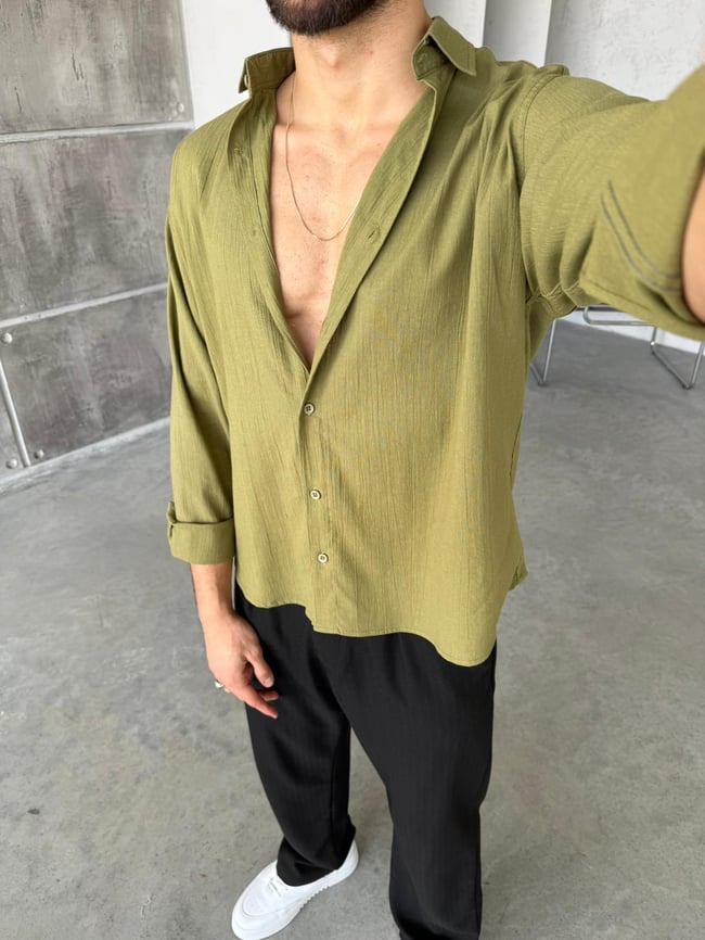 Krinkıl Kumaş Oversize Gömlek - Yeşil