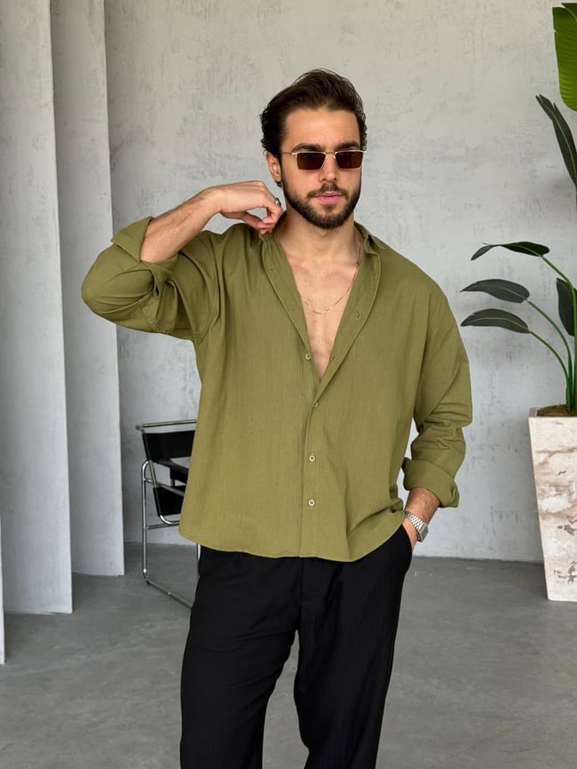 Krinkıl Kumaş Oversize Gömlek - Yeşil