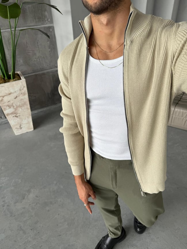 KZ010 Çift Fermuar Örme Triko Bej