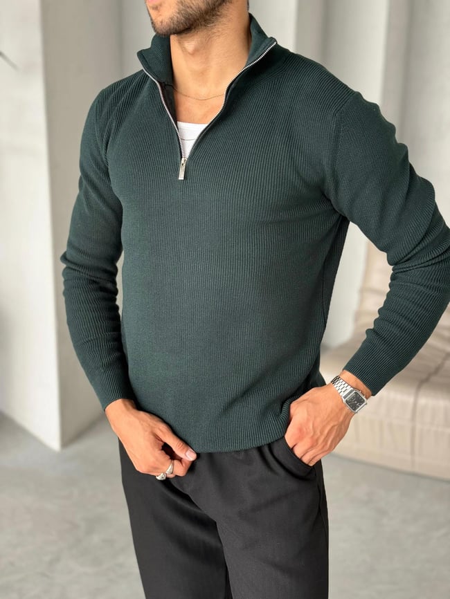 KZ014 Yarım Fermuar Balıkçı Örme Yaka Triko Yeşil