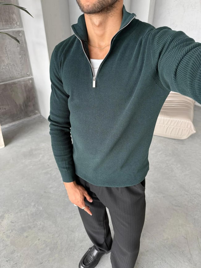 KZ014 Yarım Fermuar Balıkçı Örme Yaka Triko Yeşil