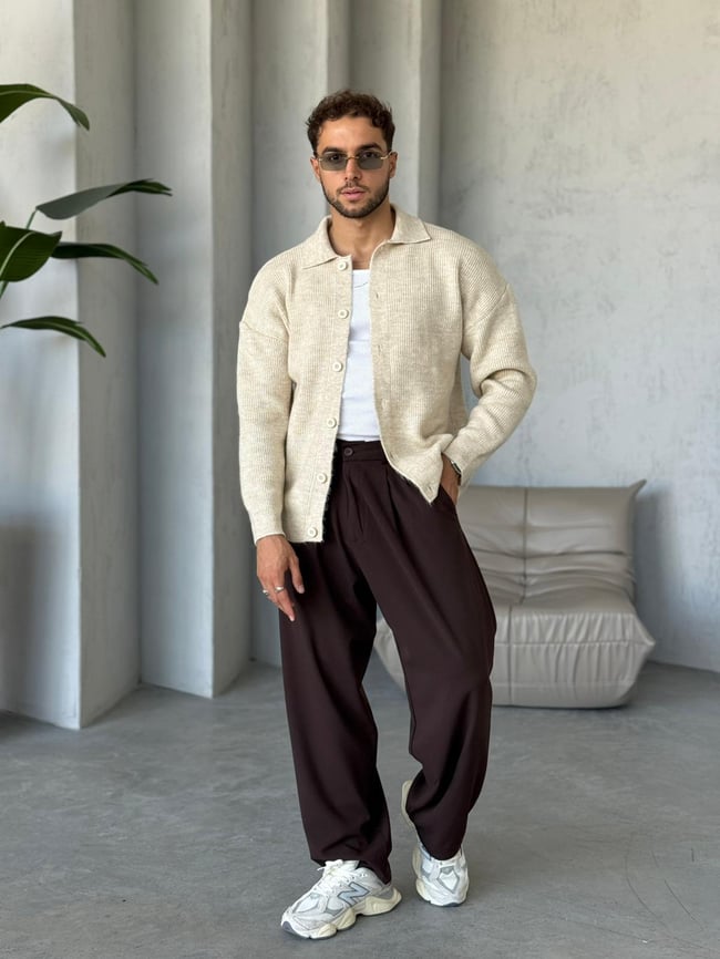 KZ018 Düğmeli Oversize Hırka V Bej