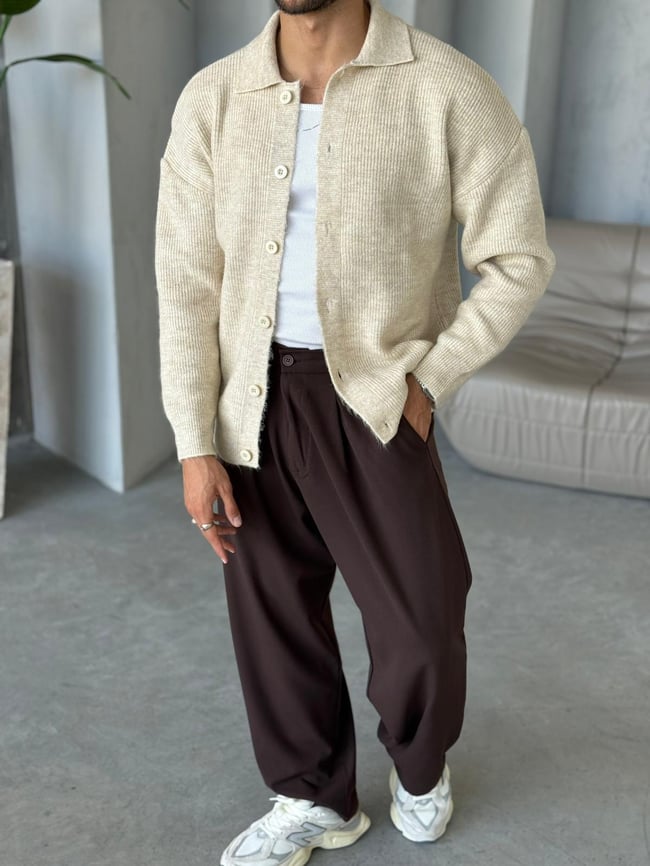 KZ018 Düğmeli Oversize Hırka V Bej