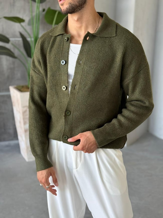 KZ018 Düğmeli Oversize Hırka V Haki
