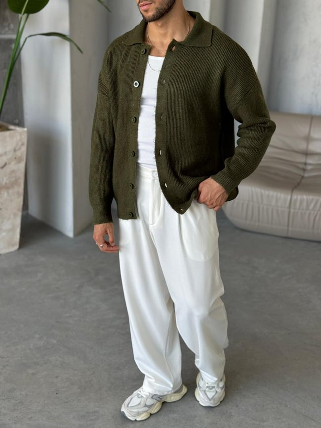 KZ018 Düğmeli Oversize Hırka V Haki