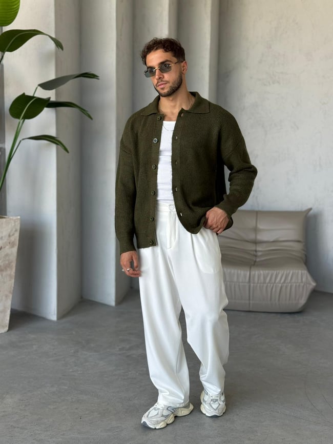KZ018 Düğmeli Oversize Hırka V Haki