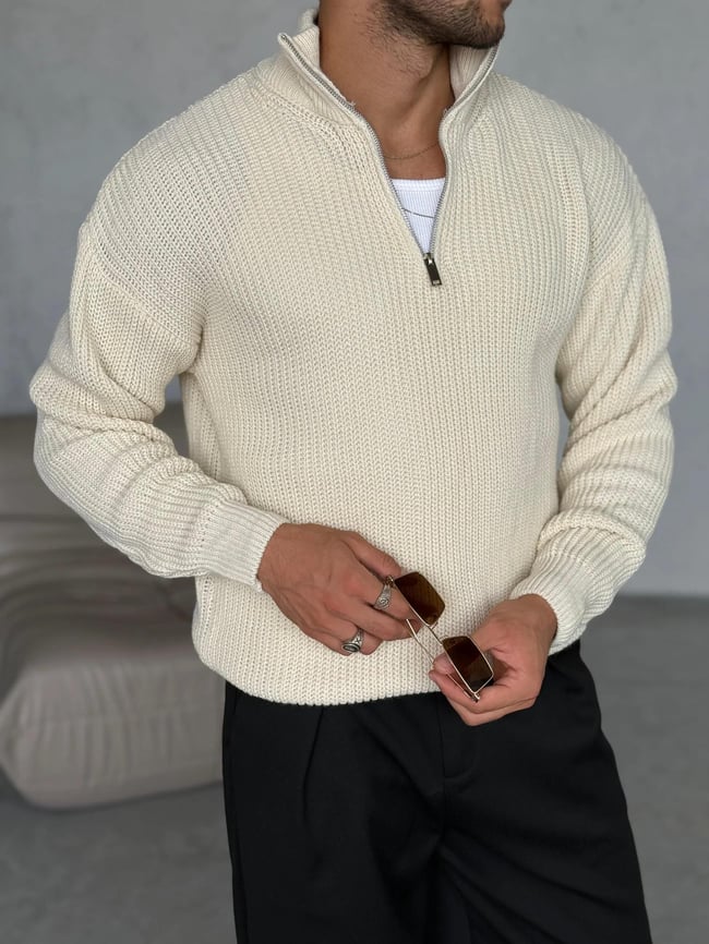 KZ031 Yarım Fermuar Örme Triko Krem