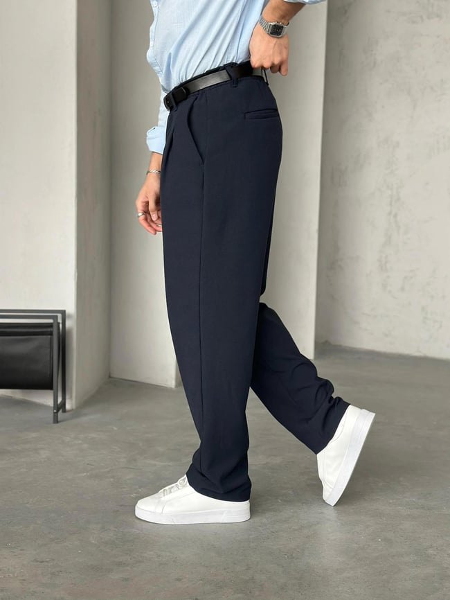 Lacivert Pileli Kumaş Pantolon W
