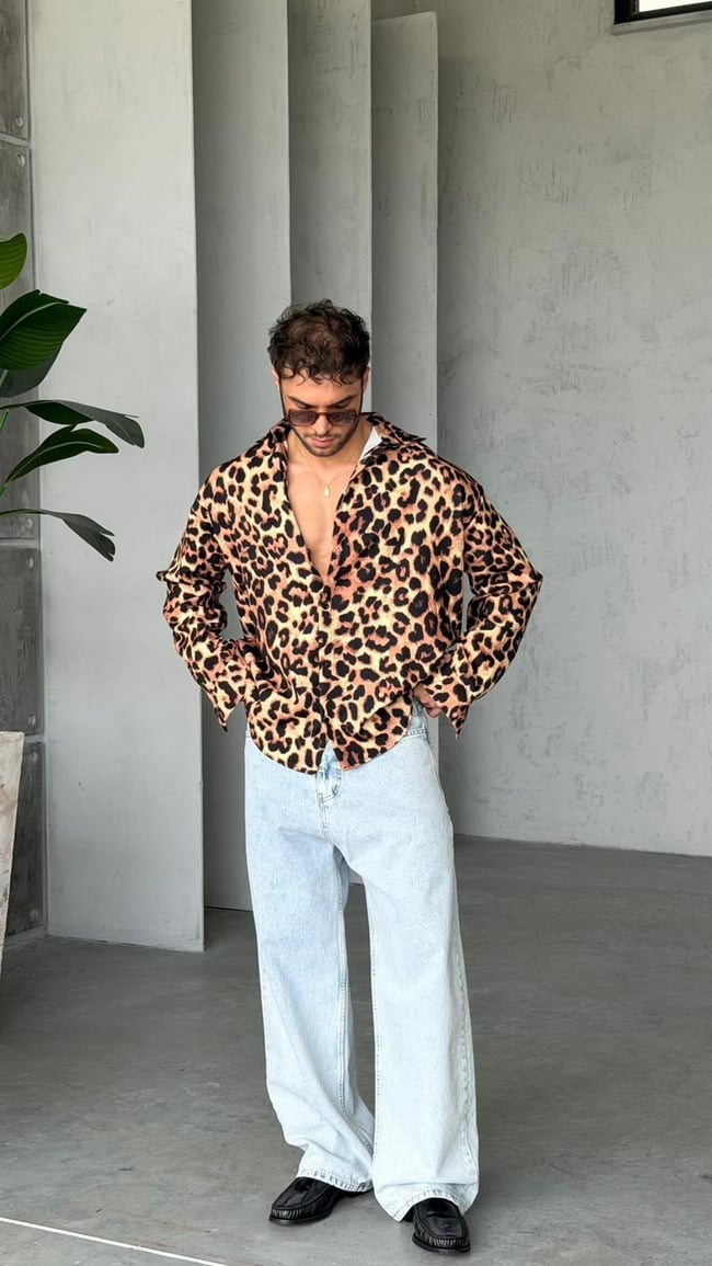 LEOPAR Desenli Dubble Hürrem Kumaş Oversize Gömlek T