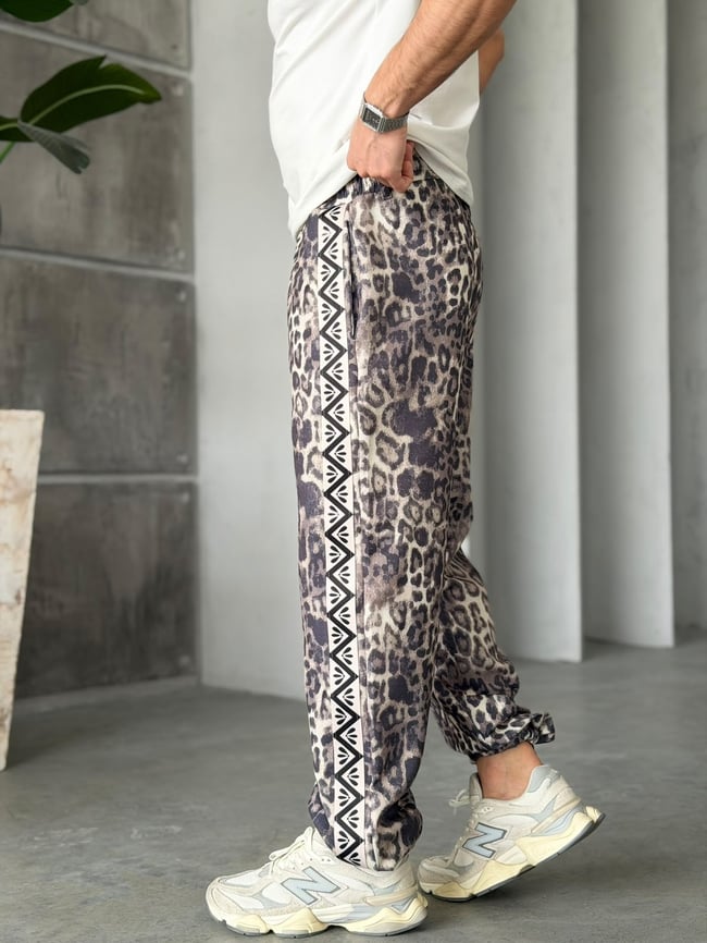 Leopar Desenli Yan Şerit Detaylı Baggy Pantolon T Açık Leopar