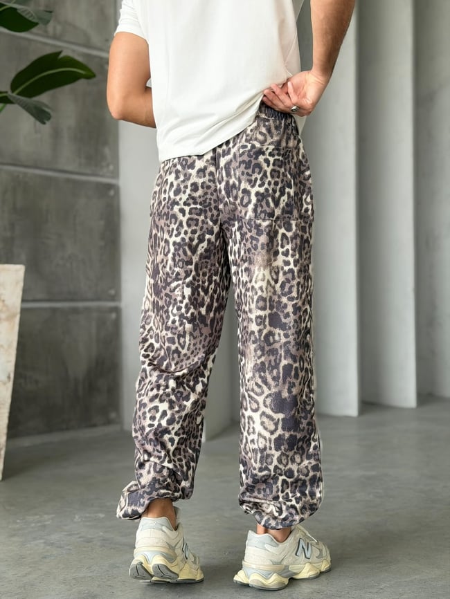 Leopar Desenli Yan Şerit Detaylı Baggy Pantolon T Açık Leopar