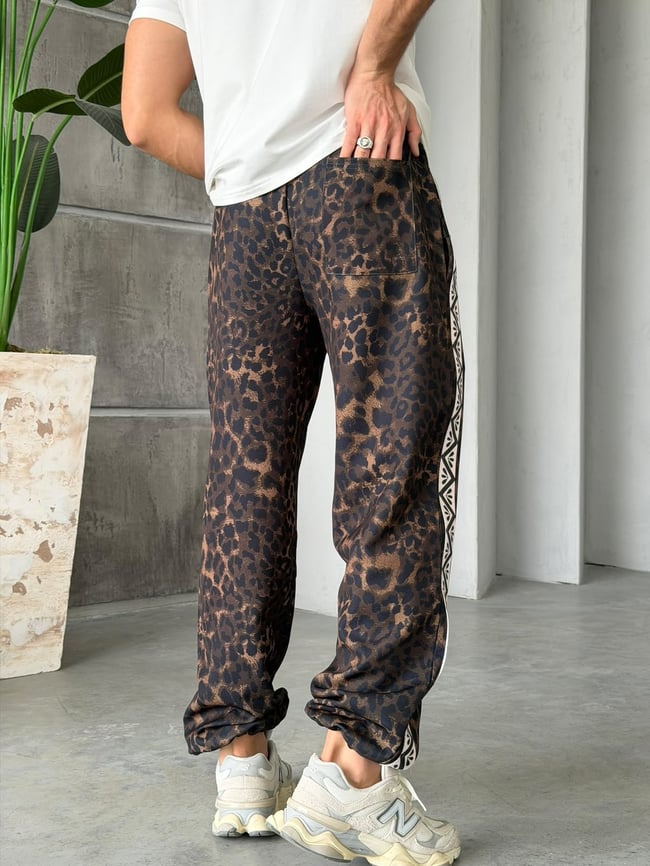 Leopar Desenli Yan Şerit Detaylı Baggy Pantolon T Koyu Leopar