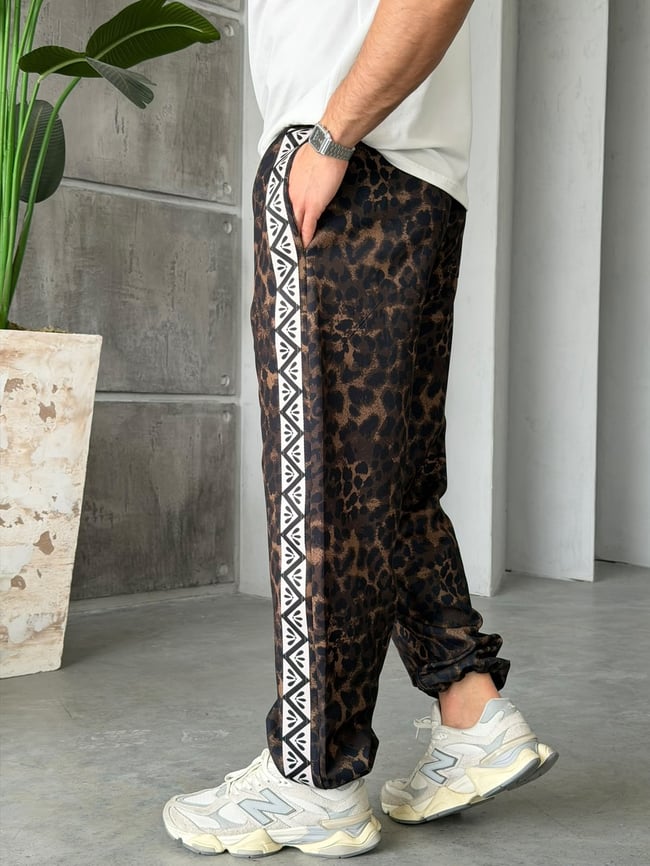 Leopar Desenli Yan Şerit Detaylı Baggy Pantolon T Koyu Leopar