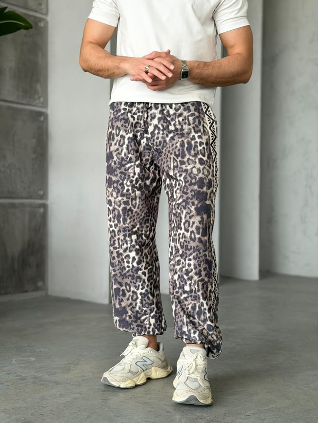 Leopar Desenli Yan Şerit Detaylı Baggy Pantolon T Açık Leopar