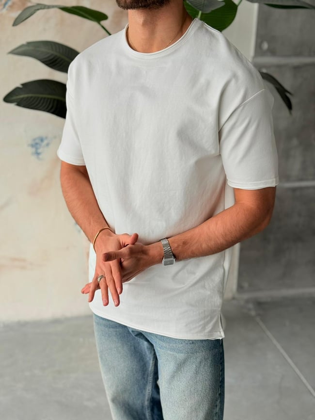 Likralı Yırtmaçlı Basic T-Shirt - Beyaz