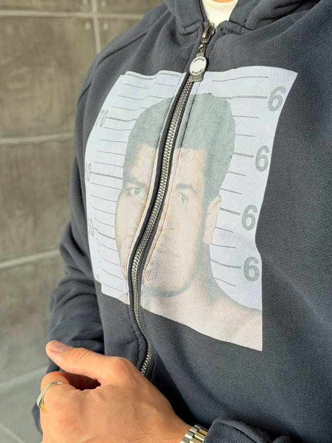 M.ALİ Baskılı Yıpratma Detaylı Fermuarlı Sweatshirt T Koyu Lacivert