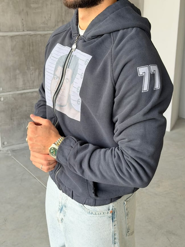 M.ALİ Baskılı Yıpratma Detaylı Fermuarlı Sweatshirt T Koyu Lacivert