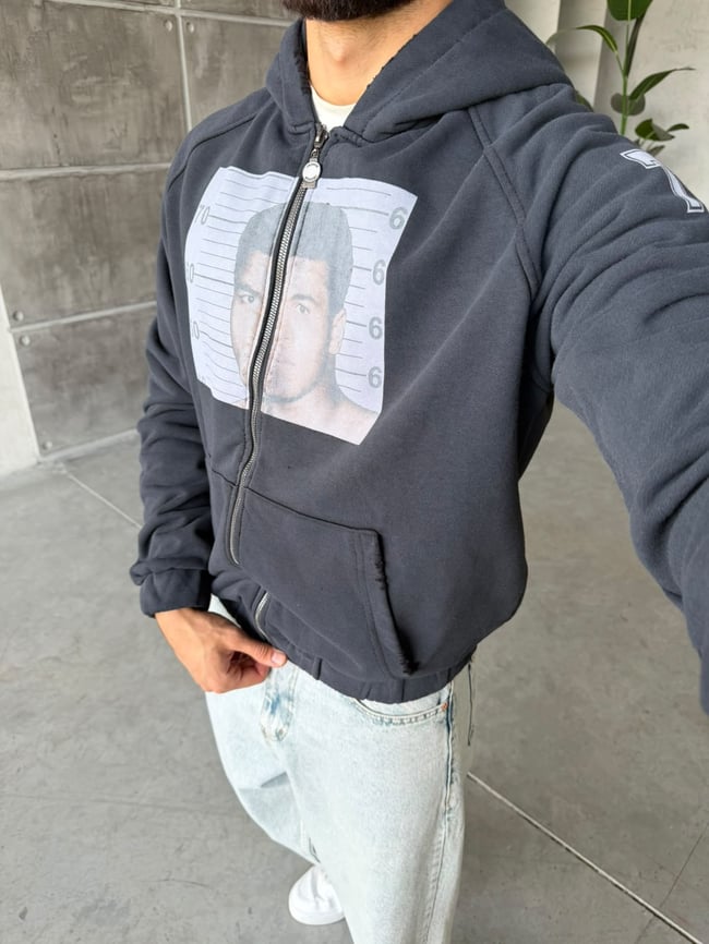 M.ALİ Baskılı Yıpratma Detaylı Fermuarlı Sweatshirt T Koyu Lacivert