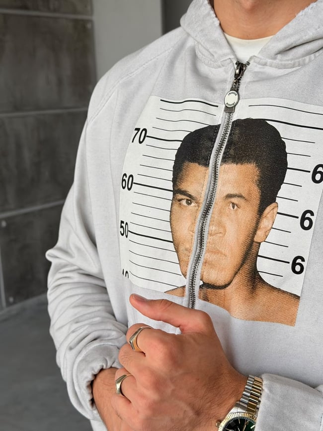 M.ALİ Baskılı Yıpratma Detaylı Fermuarlı Sweatshirt T Taş