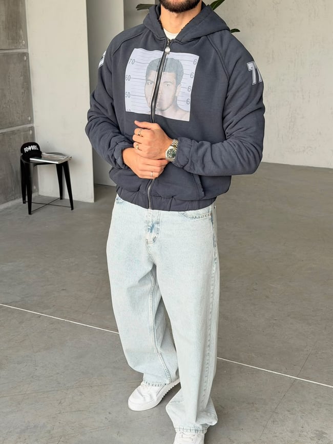 M.ALİ Baskılı Yıpratma Detaylı Fermuarlı Sweatshirt T Koyu Lacivert