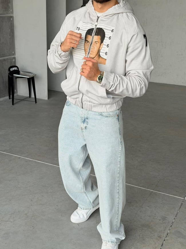 M.ALİ Baskılı Yıpratma Detaylı Fermuarlı Sweatshirt T Taş