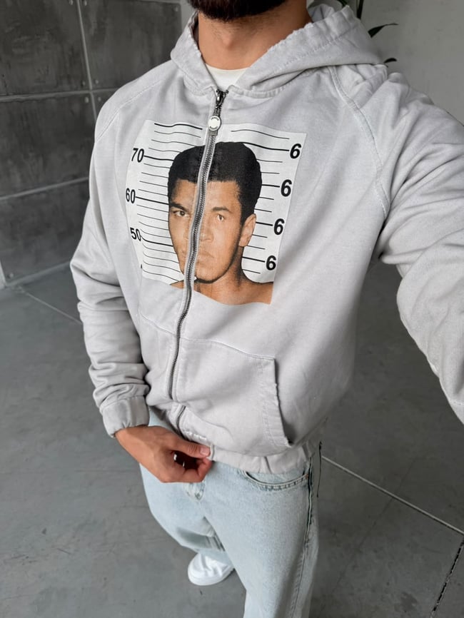 M.ALİ Baskılı Yıpratma Detaylı Fermuarlı Sweatshirt T Taş