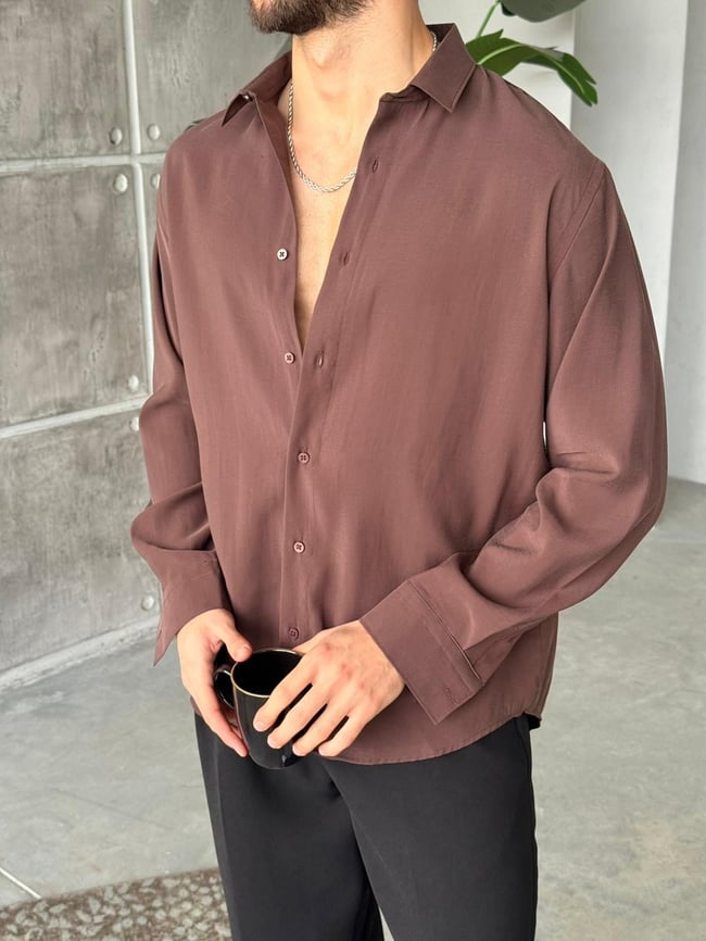 Modal Kumaş Basic Oversize Gömlek M - Kahverengi