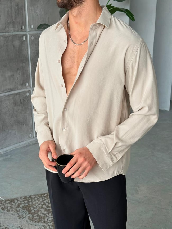 Modal Kumaş Basic Oversize Gömlek M - Krem